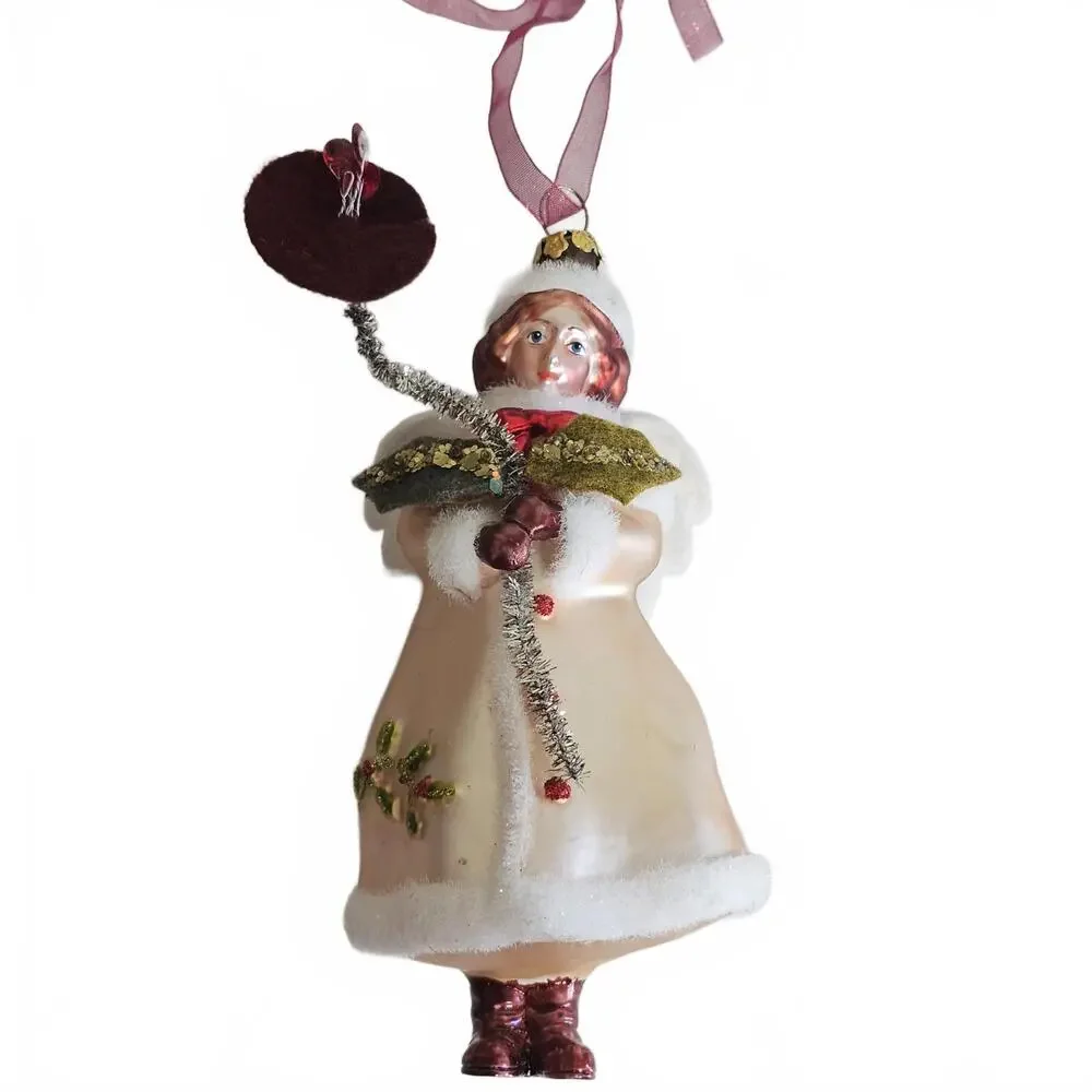 Antique Vintage Blown Glass Ornament Hand Painted Angel Girl Coat Floral RARE - Picture 1 of 8